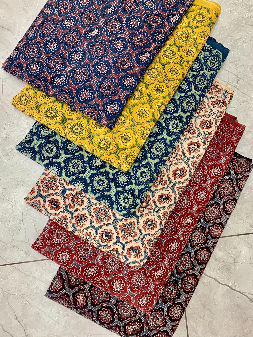 Ajrakh pure cotton handblock printed fabric in green base with multicolour traditional motifs